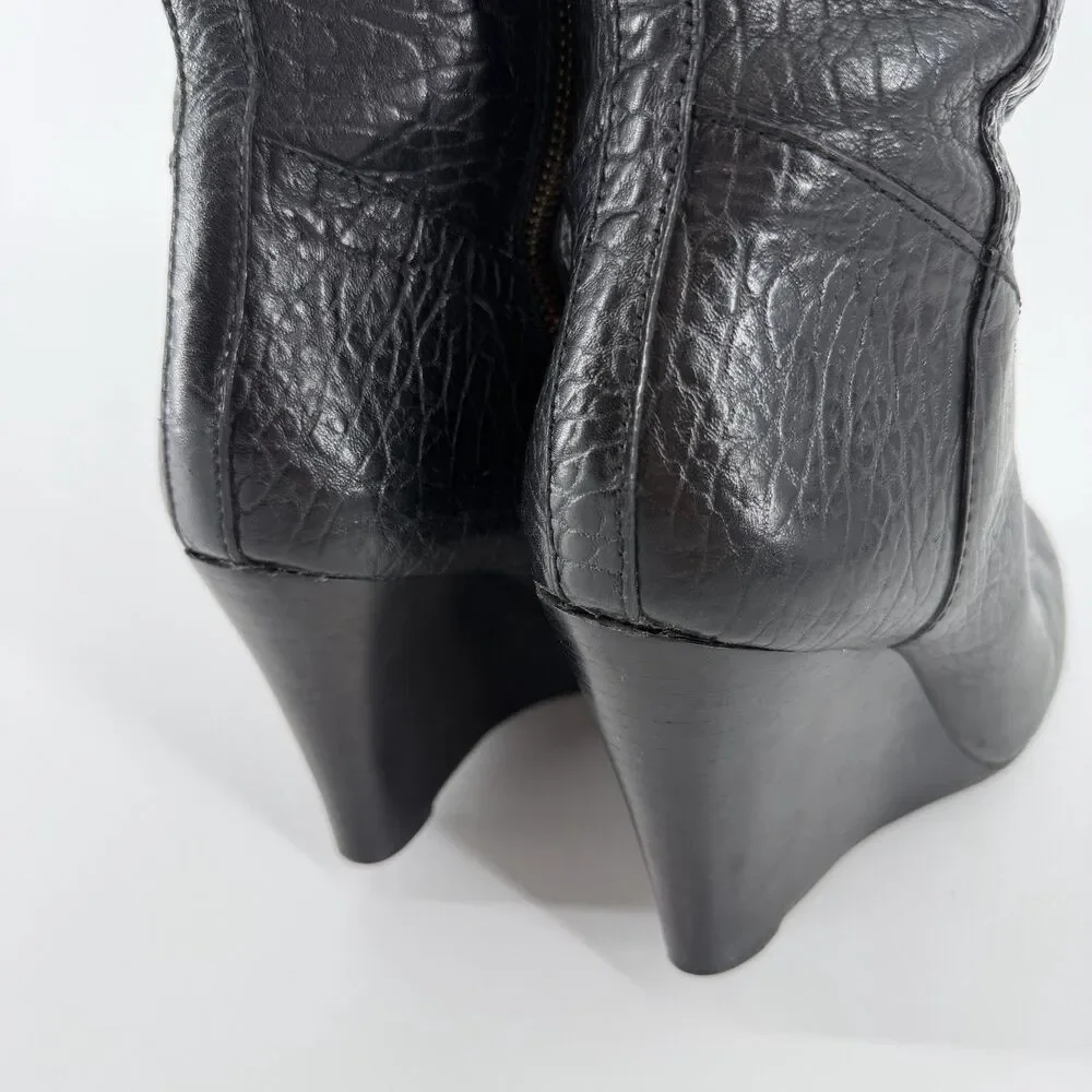 Tory Burch Dabney Knee High Wedge Boots Women’s 7.5 Black Pebbled Leather Zip Up